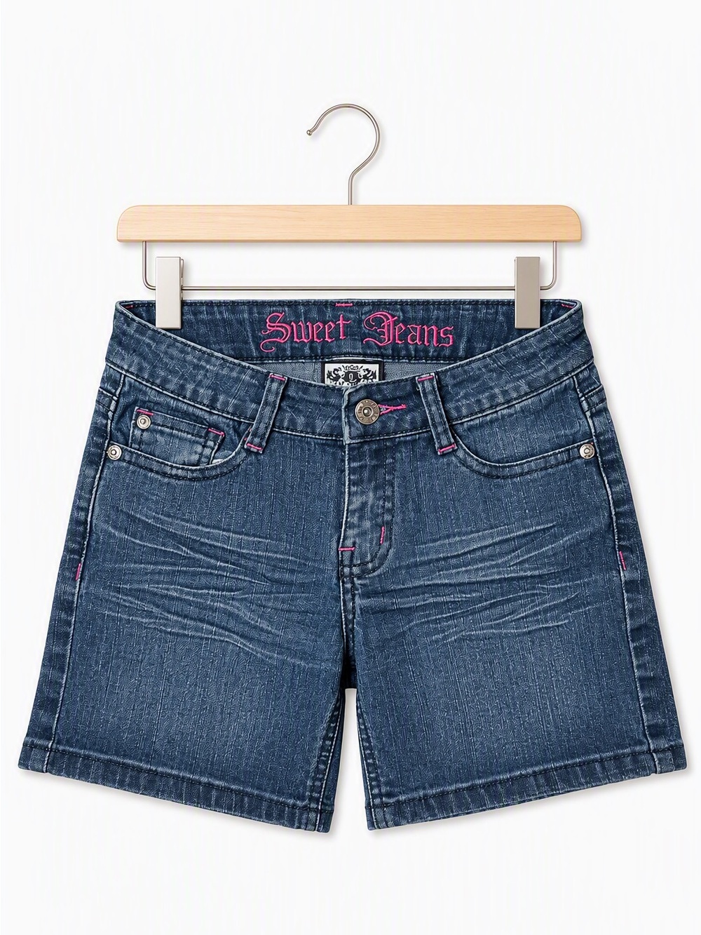 Vintage Y2K Sweet Jeans Pink Stitch Whiskered Denim Bermuda Shorts 8Y Bratz Era